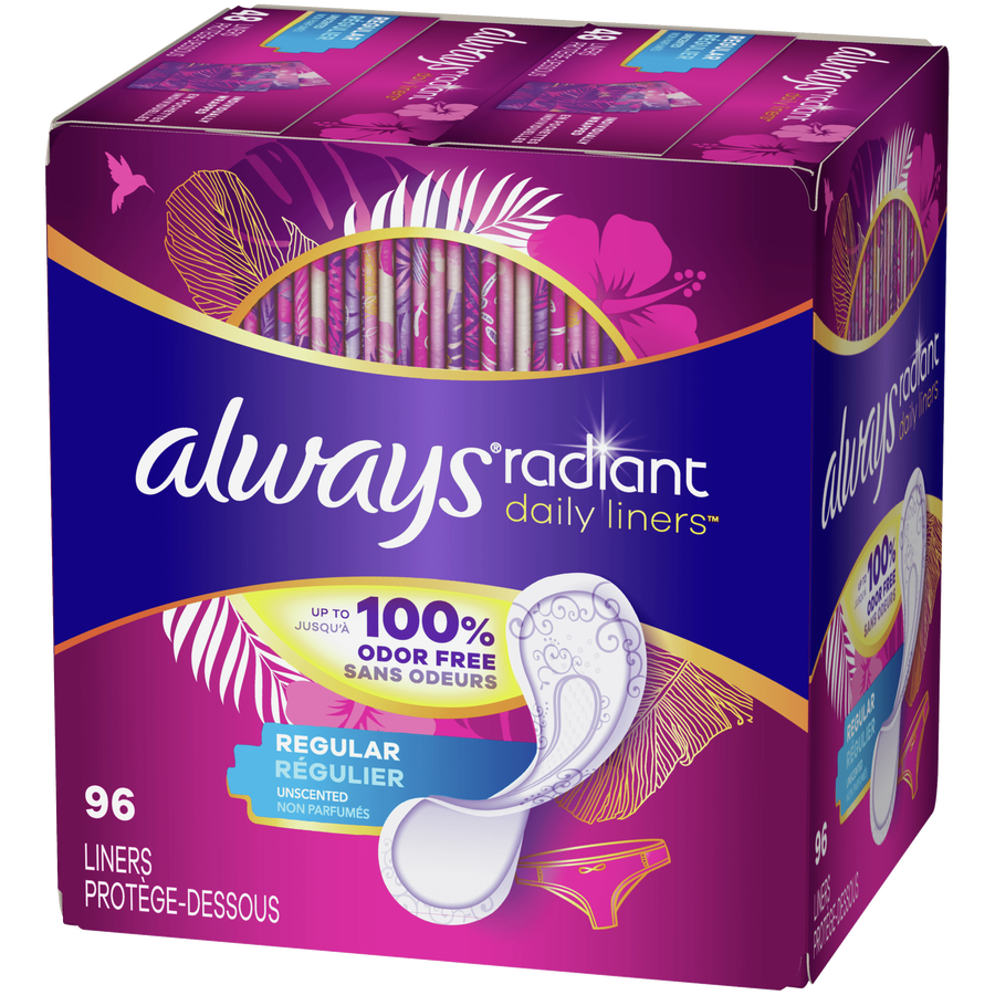 Always Radiant Daily Liners Regular Absorbency Unscented, 96 Count